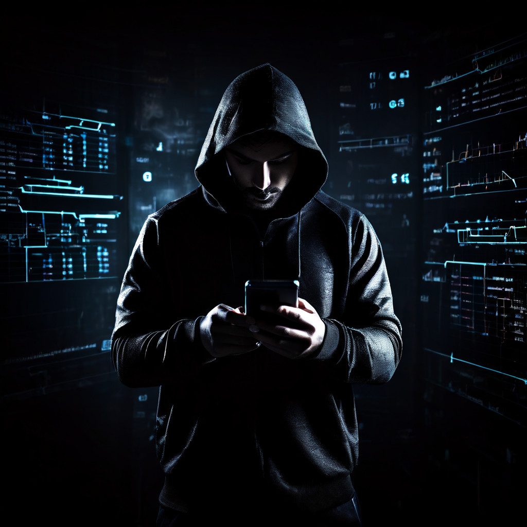 스마트폰으로 스포츠 데이터를 분석하는 사람 뒤로 데이터 분석의 숨겨진 위험성을 상징하는 거대한 그림자가 드리워져 경각심을 주는 이미지