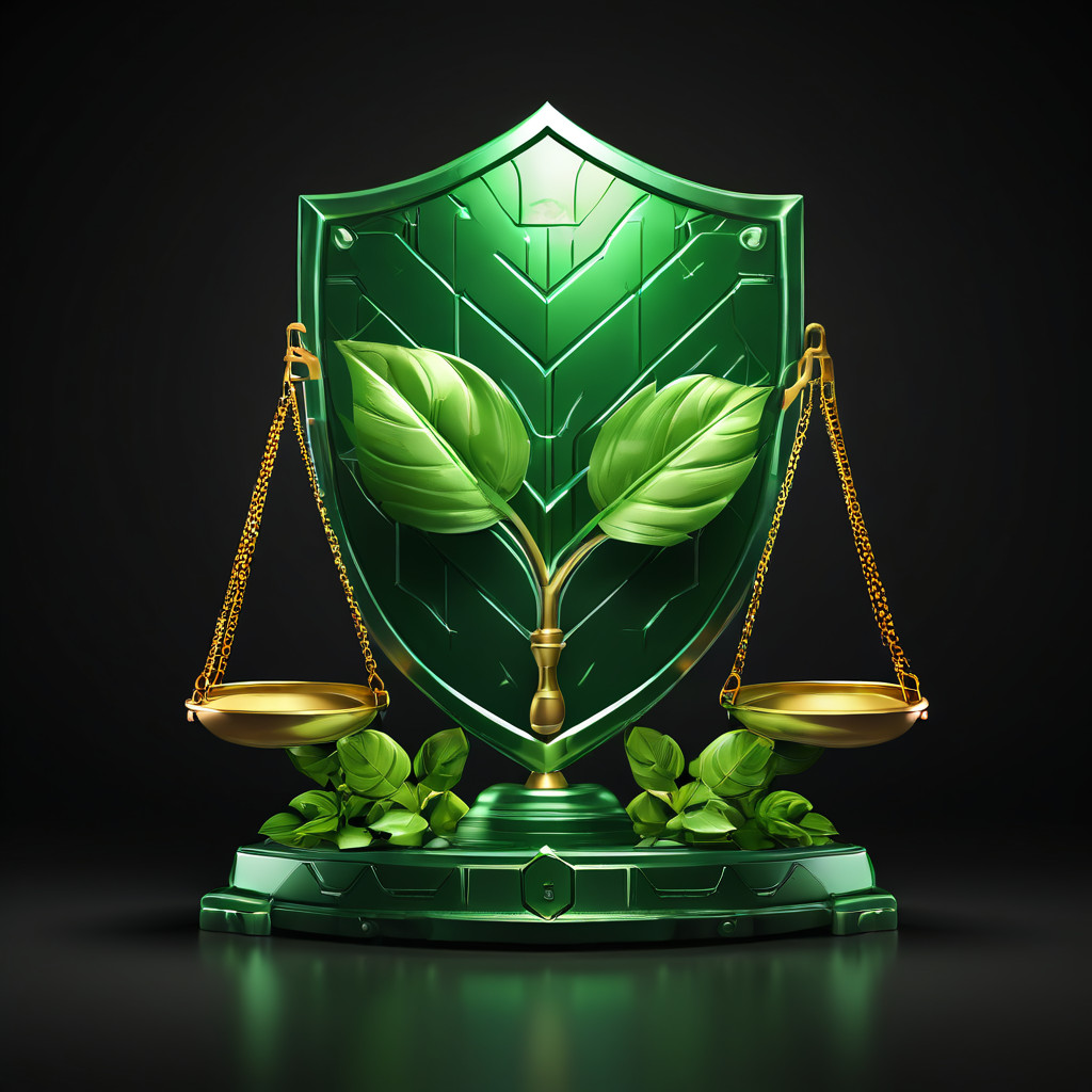 법규 준수를 상징하는 방패가 디지털 플랫폼을 안전하게 보호하고, 플랫폼에서 자라나는 새싹이 지속가능한 성장을 보여주는 그림