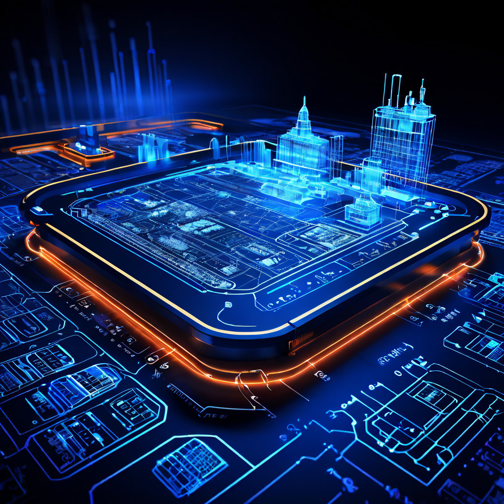카지노 플로어 설계도 위에 데이터 분석 및 디지털 회로도를 시각화하여 카지노 관리 솔루션의 기술적인 구현 원리를 설명하는 그림