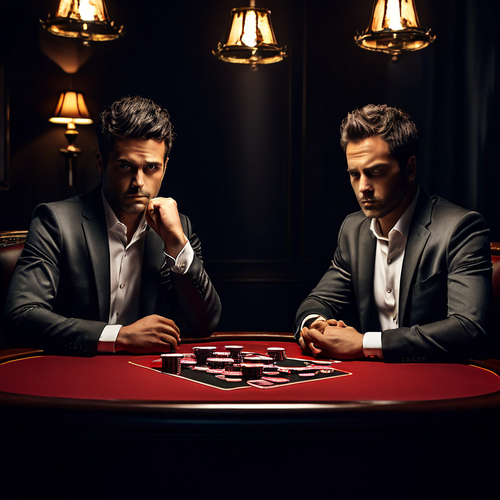 긴장감 넘치는 카드 게임과 압박감이 심한 비즈니스 미팅에서 동일한 포커페이스로 감정을 조절하는 사람의 모습을 통해 전략적 냉정함의 중요성을 설명하는 그림.