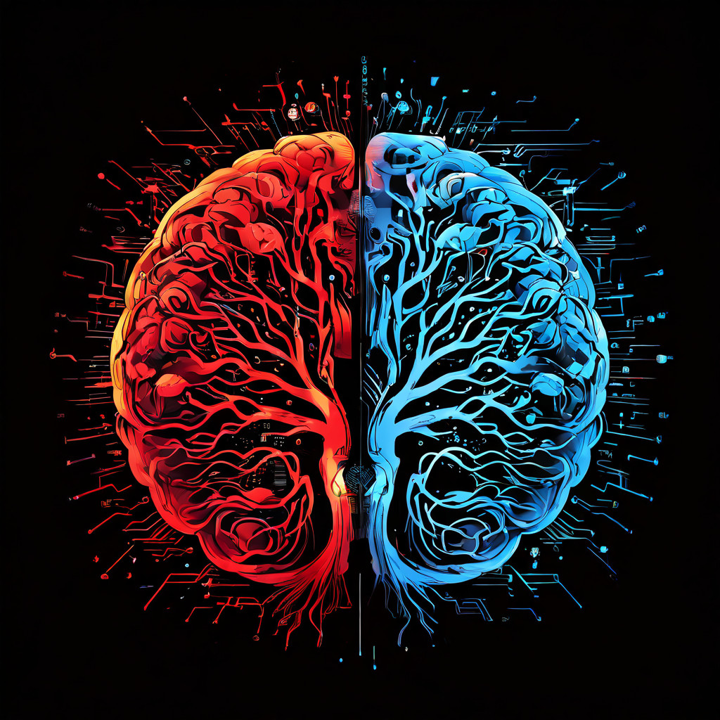 인간의 뇌가 이성과 감성으로 나뉘어, 한쪽은 혼란스러운 감정의 폭풍을, 다른 쪽은 질서정연한 데이터 분석을 상징적으로 보여주는 의사결정 과정 이미지.