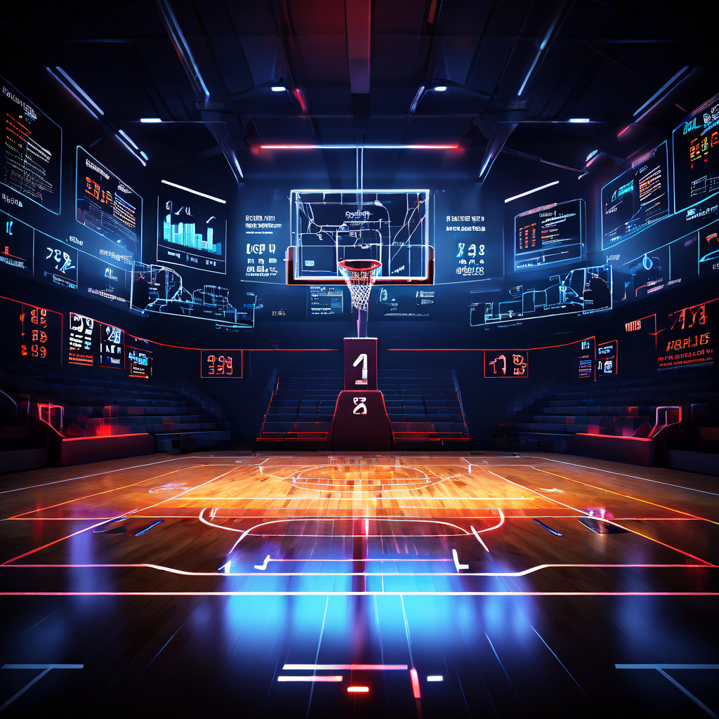 농구 코트 위에 데이터 시각화 차트와 그래프가 펼쳐져 쿼터별 경기 통계와 주요 지표를 심층적으로 분석하는 첨단 스포츠 애널리틱스 기술을 보여주는 이미지.