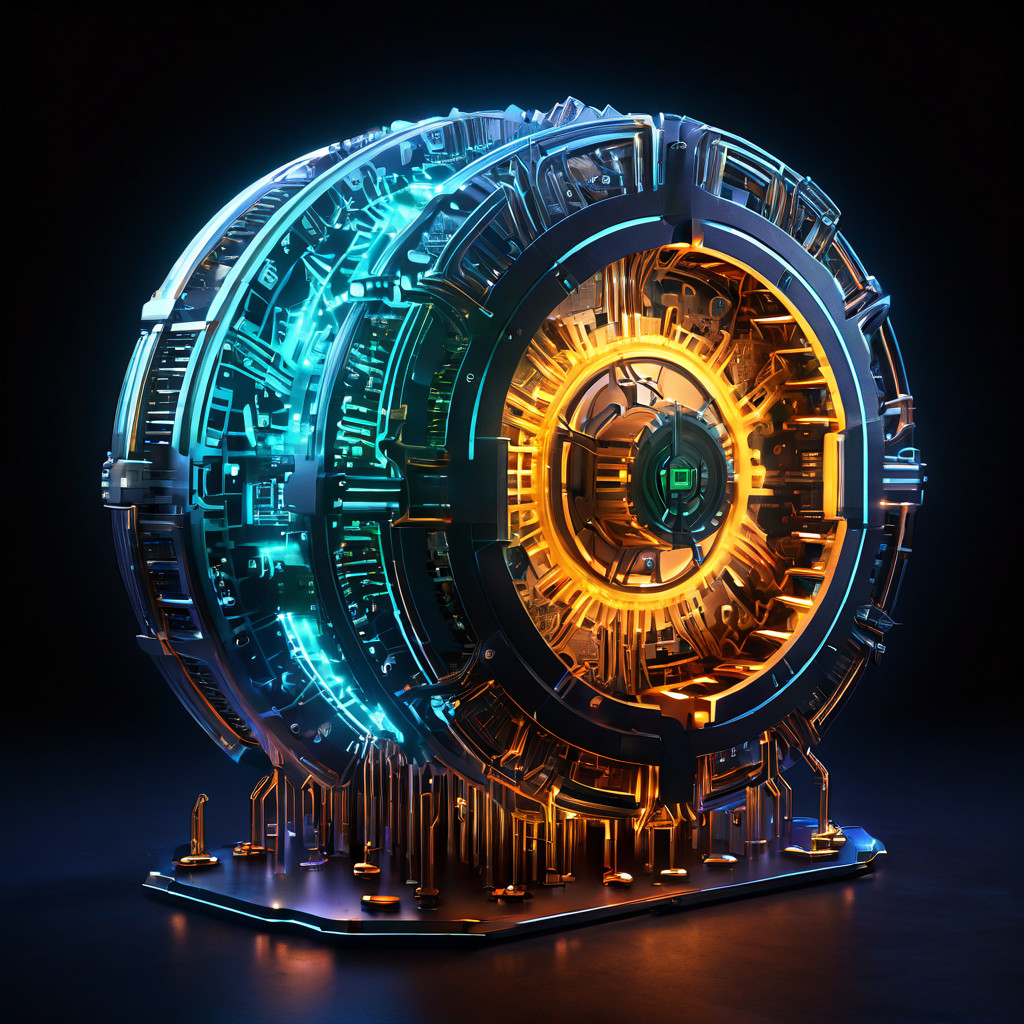 자동화된 비밀번호 복구 시스템의 내부 구조와 자가 복원 메커니즘을 시각화한 이미지로, 보안 핵심부와 연결된 기어 및 회로망이 복잡하게 상호작용하는 모습을 보여줍니다.