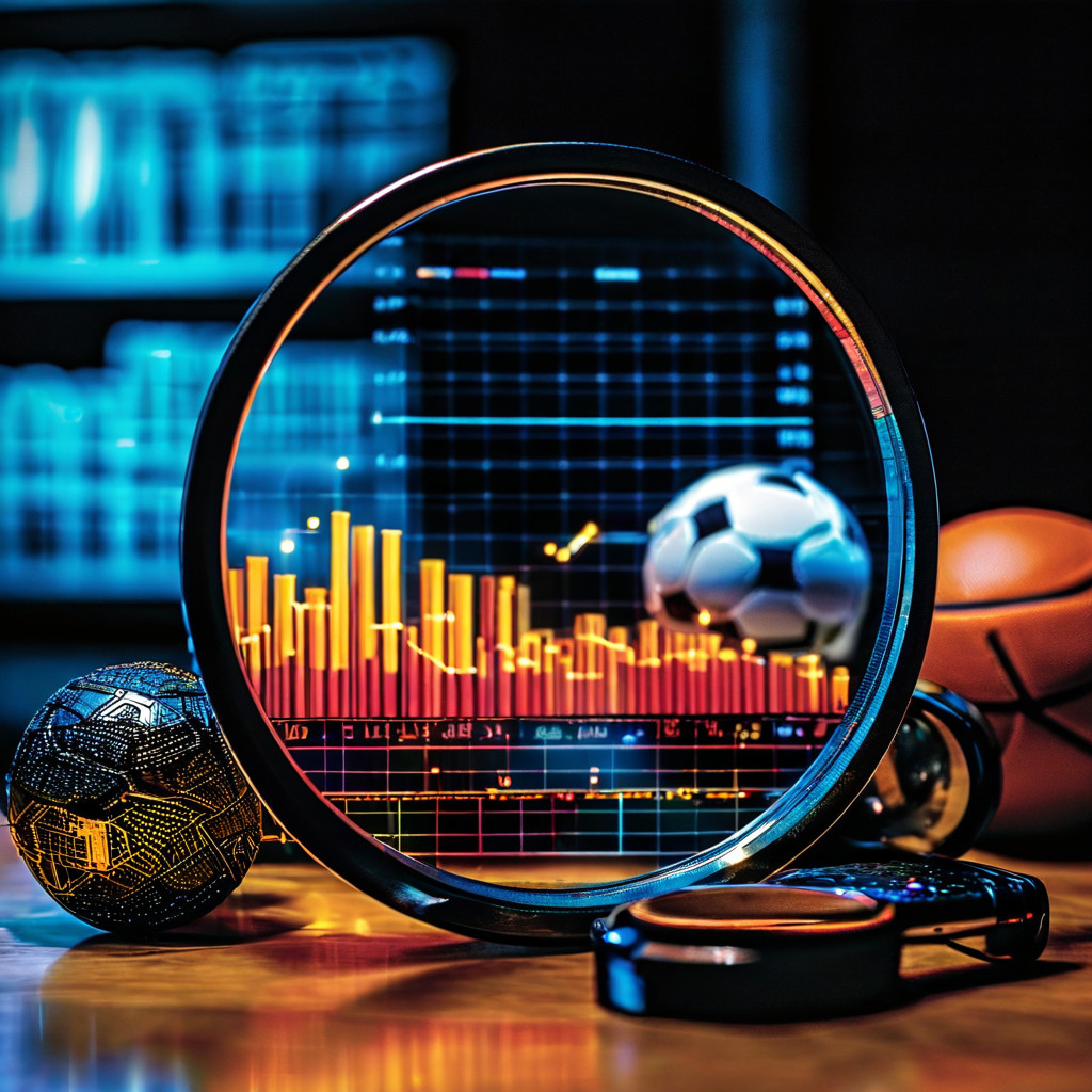 확장성 있는 비즈니스 성장의 전환점을 강조하는 빛나는 막대 그래프 위에 놓인 돋보기가 다양한 스포츠 용품들로 둘러싸여 있는 이미지입니다.