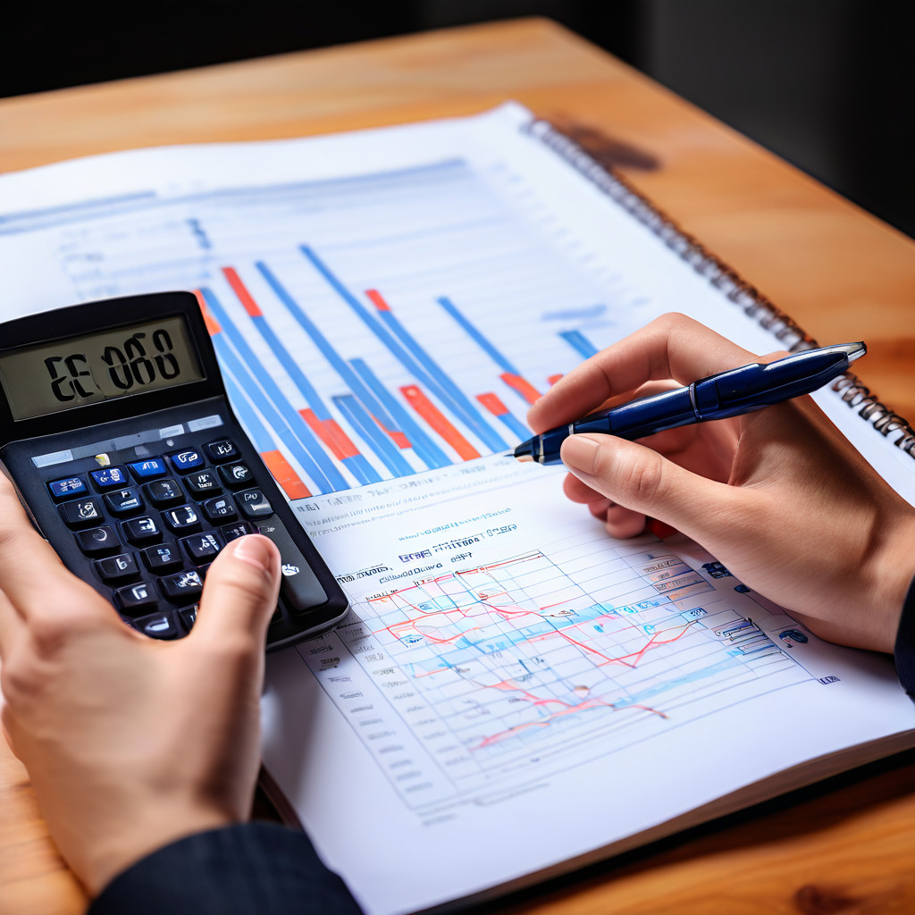 손으로 계산기를 사용하며 전기차 구매 비용 분석을 위한 총 소유 비용 계산 공식이 적힌 노트 옆에 데이터를 기반으로 한 명확한 결과 그래프가 표시된 모습을 담은 이미지입니다.