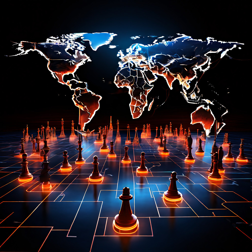 세계 주요 도시를 연결하는 빛나는 네트워크 위에 전략적 체스 말이 긴 그림자를 드리우며 글로벌 연결과 경쟁적 관계를 상징적으로 보여주는 세계 지도 이미지입니다.