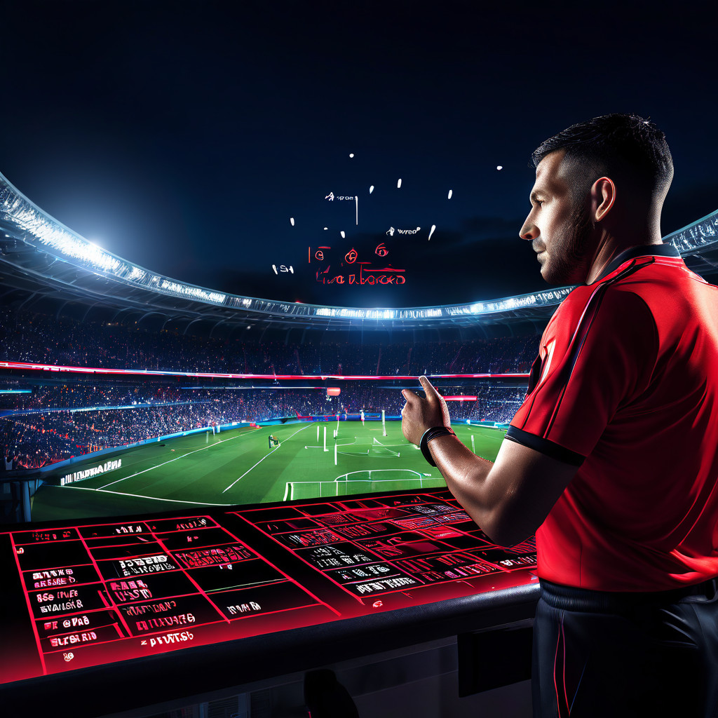 축구 심판이 레드 카드를 선보이는 장면과 함께 경기장 배경에는 작전 다이어그램과 변동하는 베팅 배당률 정보가 중첩되어 표시된 복합적인 콘셉트의 이미지입니다.