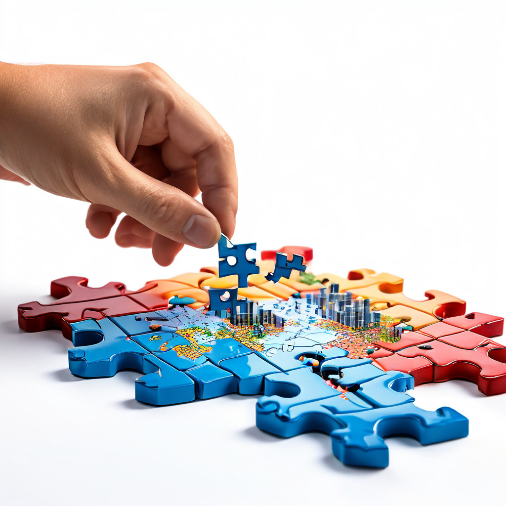 데이터 분석 과정의 마지막 단계를 상징하며, 비통계적 요소가 복잡한 분석 다이어그램을 완성하는 핵심 퍼즐 조각으로 들어맞는 모습을 나타낸 그림입니다.