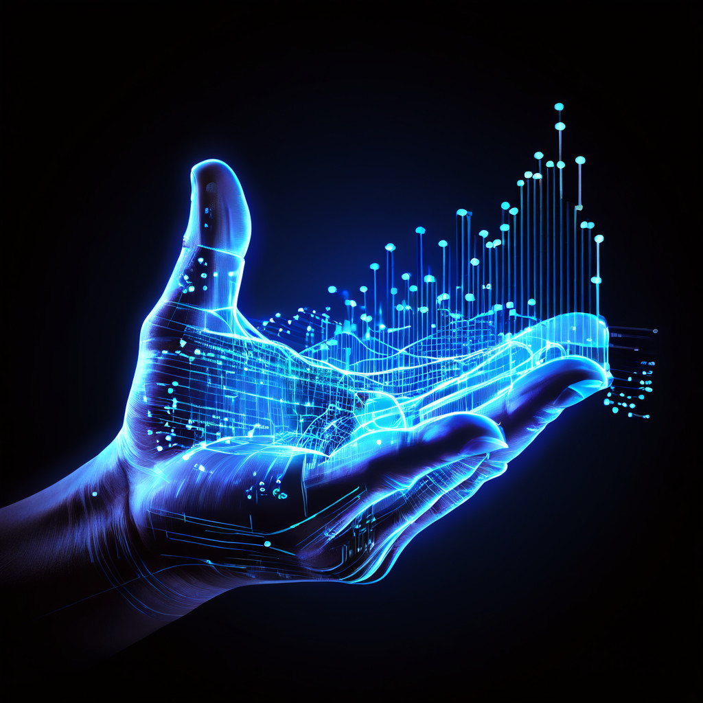 정보의 흐름을 이해함으로써 주식 시장을 통제할 수 있다는 개념을 상징적으로 표현한 손이 빛나는 데이터 스트림을 잡아 시세 그래프로 흘려보내는 이미지입니다.