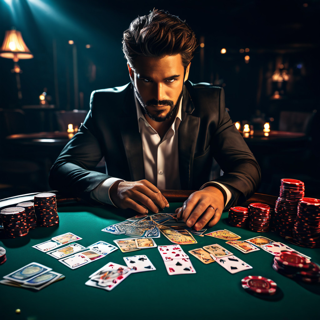 카지노 테이블에서 패배를 무시하고 승리만을 응시하는 도박꾼의 집중된 표정과 환상적인 화살표가 가리키는 승리 카드를 통해 도박 중독의 위험성을 경고하는 이미지입니다.
