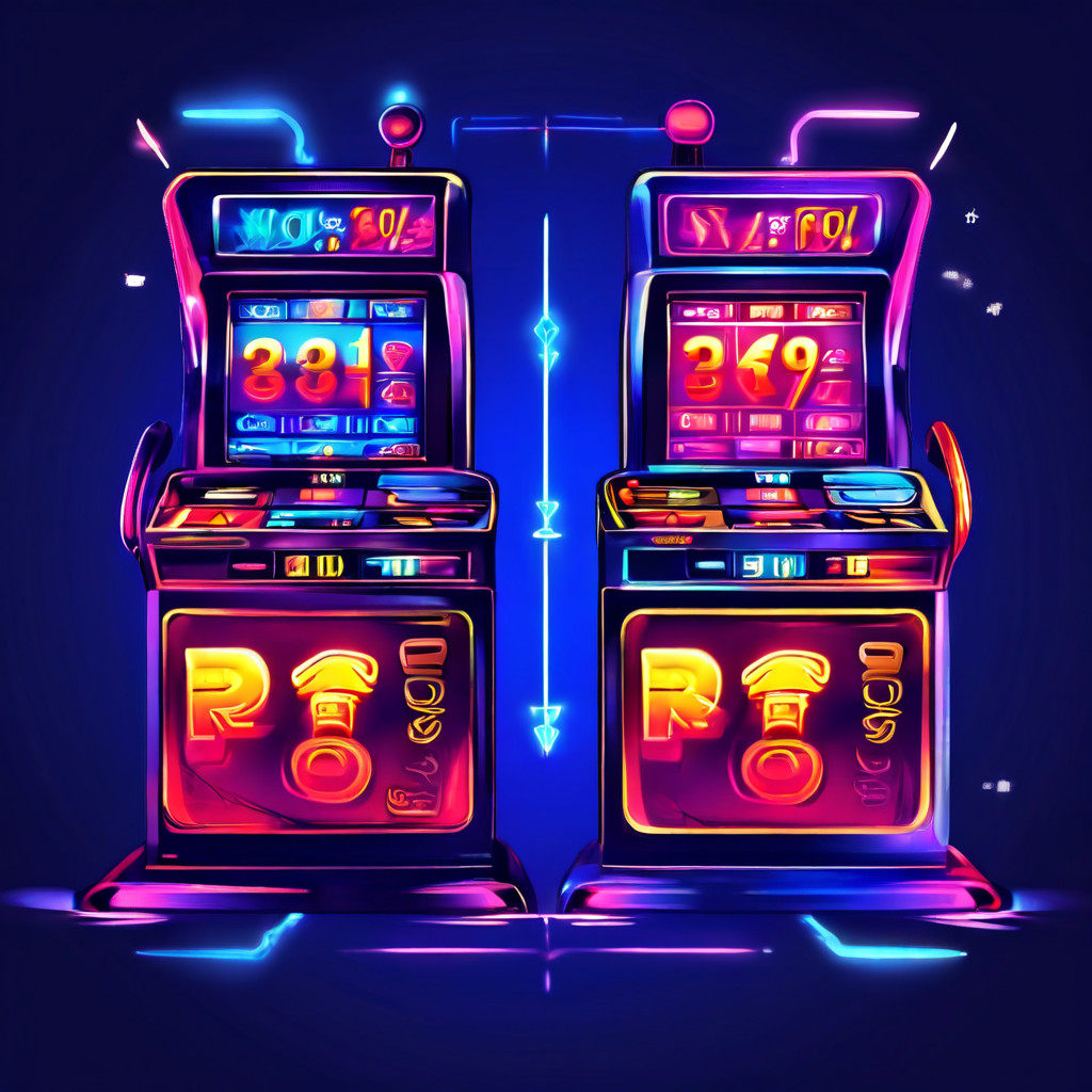 서로 다른 보이드 규칙을 가진 두 대의 슬롯머신을 비교하는 일러스트로, 장기적 RTP 비율이 더 높은 머신이 밝게 빛나며 차트와 화살표로 규칙과 지급률의 인과 관계를 시각적으로 설명합니다.