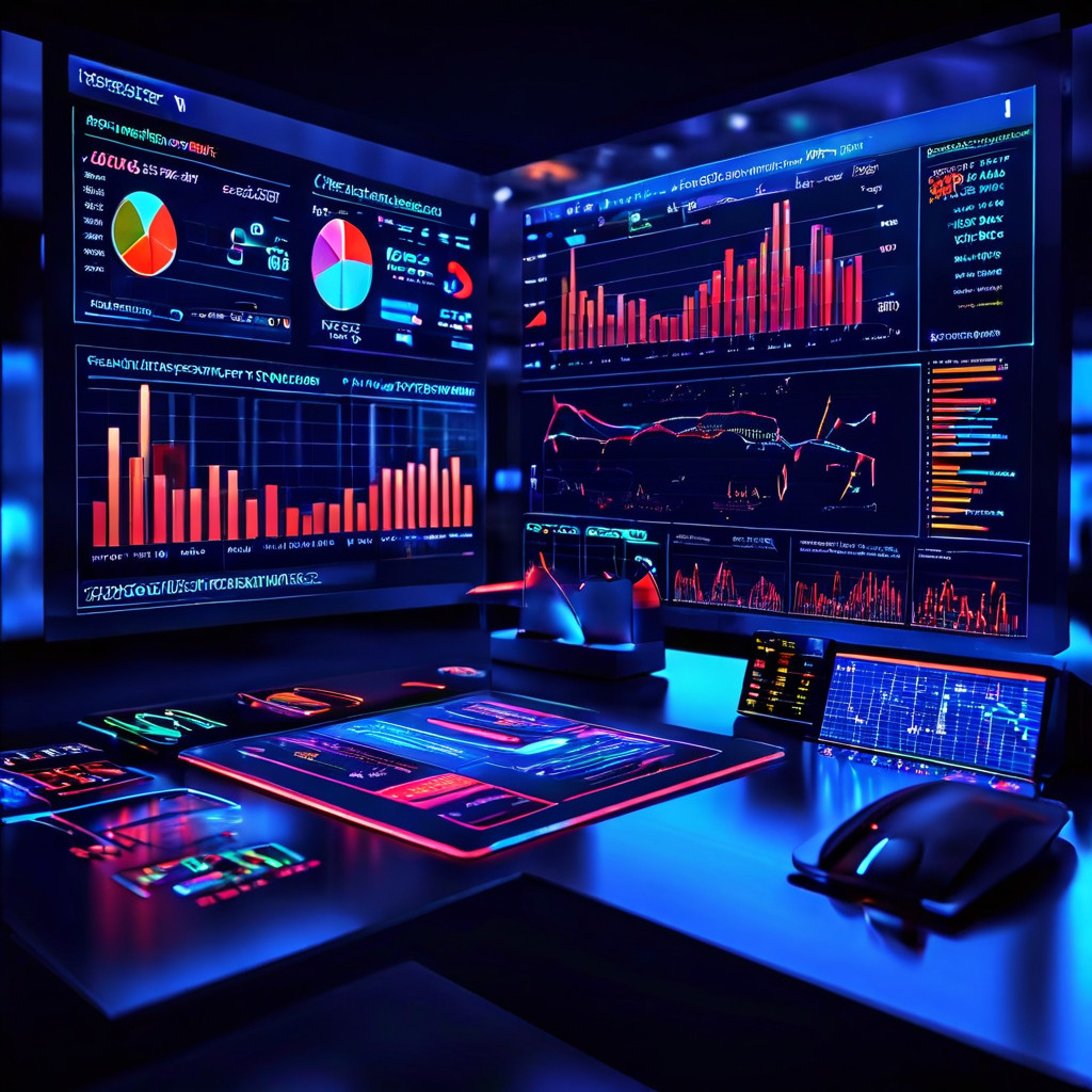 데이터 시각화와 모니터링 전략을 상징하며 다채로운 그래프와 차트가 표시된 디지털 대시보드에서 보조 화면에 경고 알림이 팝업되는 모습을 보여줍니다.