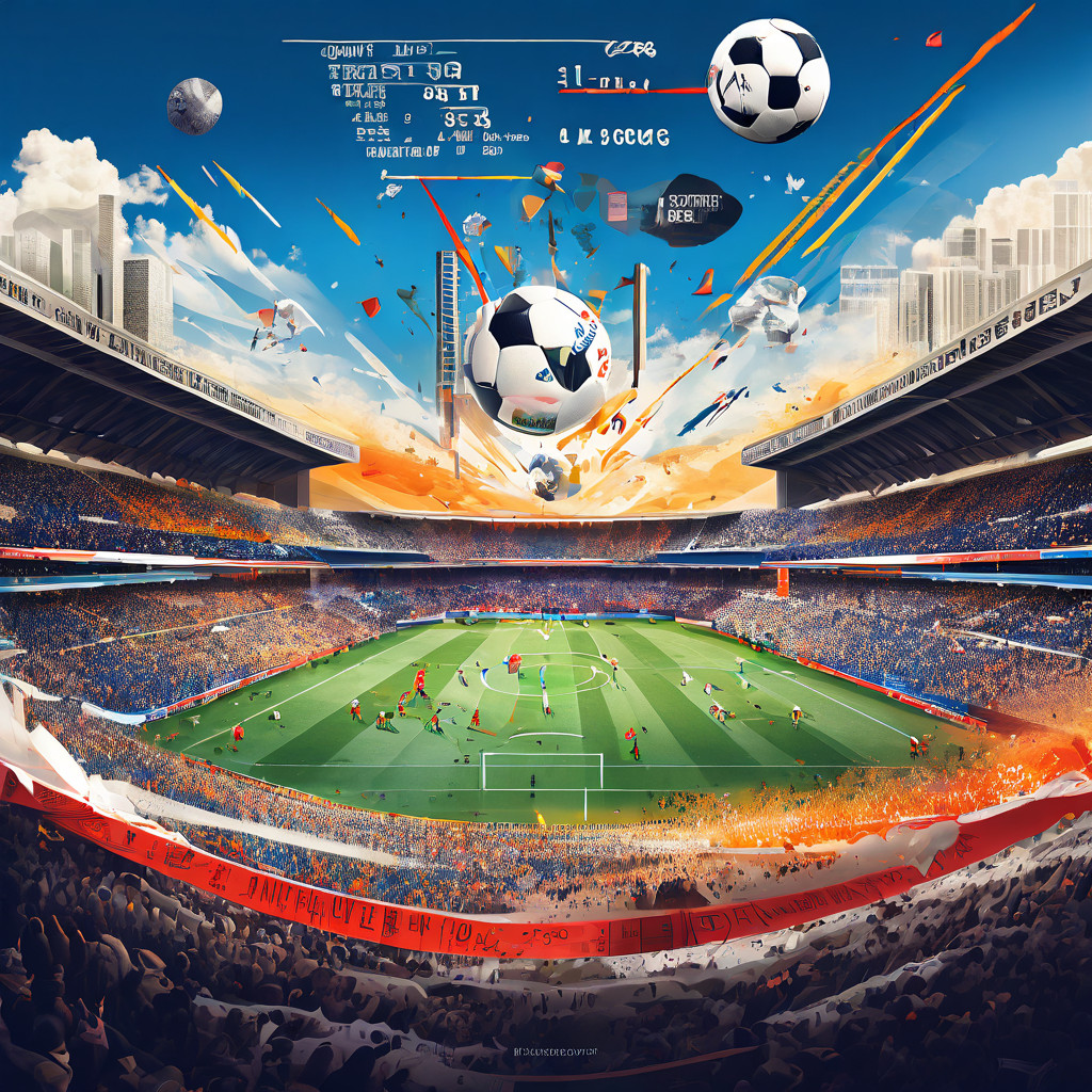 세계 주요 축구 리그의 상징적인 더비 매치를 개념적으로 표현한 콜라주로, 역동적인 경기 장면 위에 스타일화된 통계 차트와 데이터가 중첩되어 있습니다.