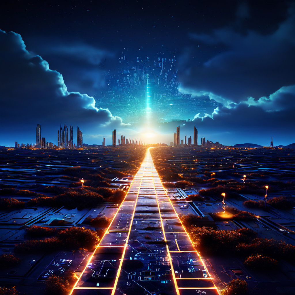 불완전한 회로 기판 경로가 미래형 조명 도로망으로 전환되어 밝은 지평선을 향해 뻗어 나가는 기술 발전과 진보의 개념을 시각화한 이미지입니다.