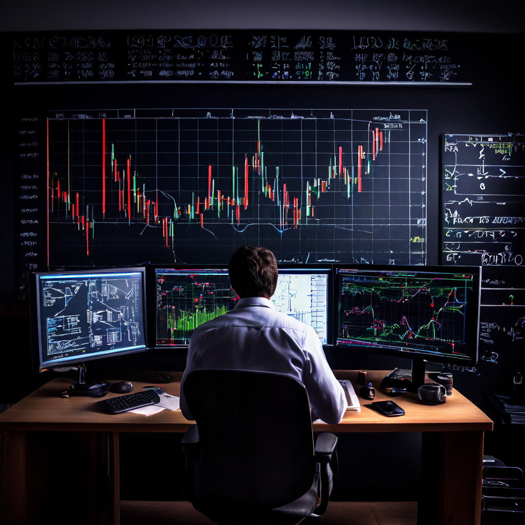 과학자가 칠판에 적힌 켈리 기준 공식을 분석하는 동시에 화면의 혼란스러운 실제 주식 시장 그래프와 대조하는 모습을 담은 이미지입니다.