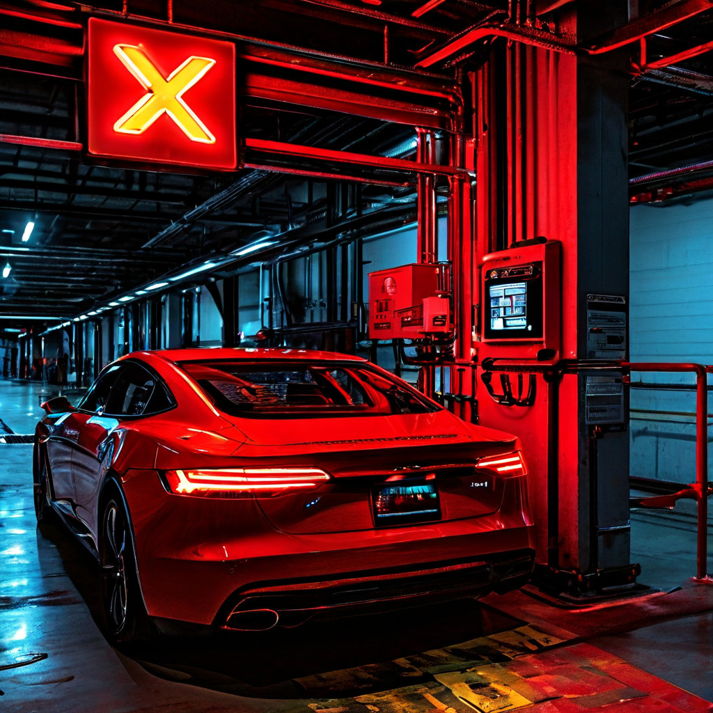 전기차 배터리 주행 거리 예측 오류를 경고하는 주의 표지판이 복잡한 데이터 흐름도와 함께 표시되며, 잘못 계산된 수치는 빨간색 X 표시로 강조되어 있습니다.