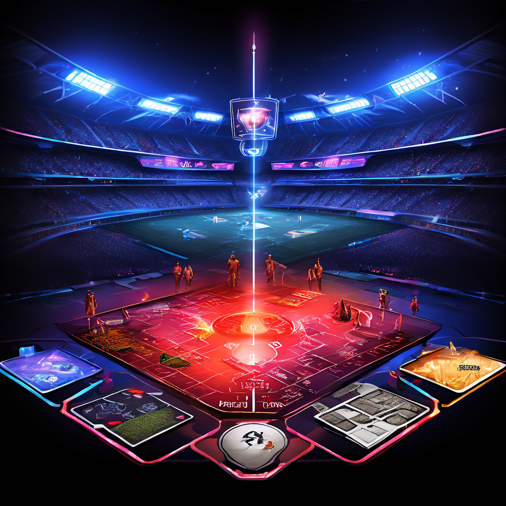 전략적 판타지 스포츠 리그를 비교하는 이미지로, 각 리그마다 고유한 전술 플레이북과 빛나는 선수 카드가 전술 다이어그램 위에서 교환되는 모습을 보여줍니다.