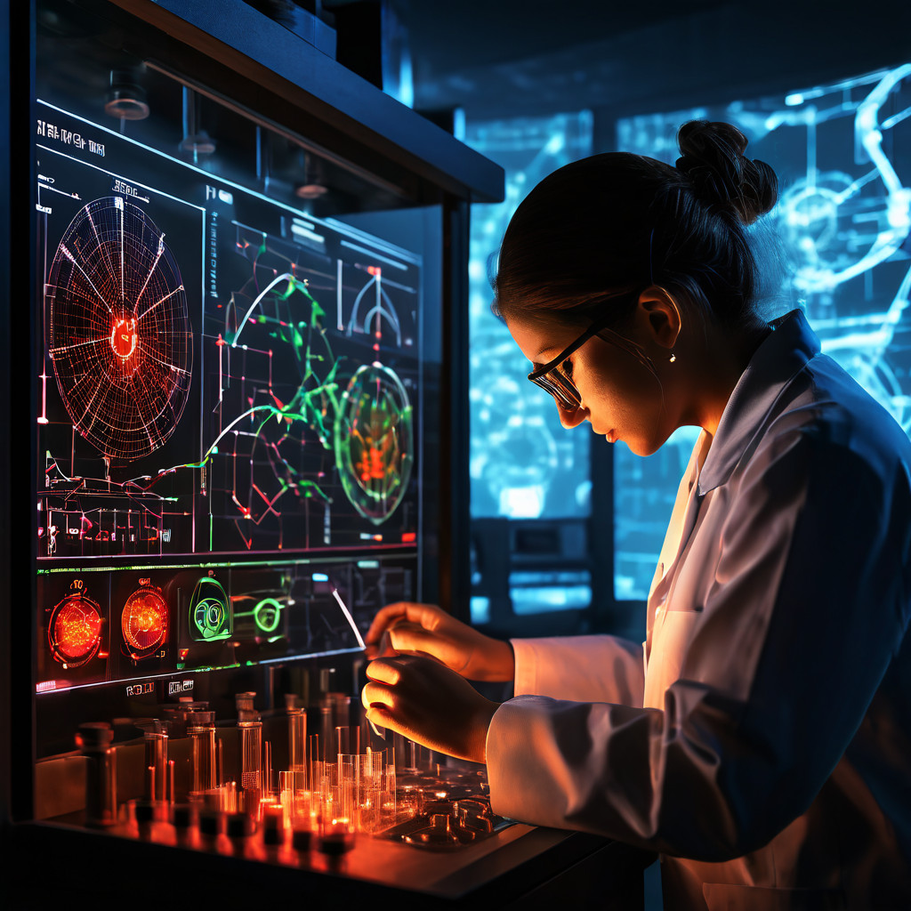 연구실에서 과학자가 데이터 차트를 분석하며 투명 차폐막 안에 있는 발광 위험 표시를 주의 깊게 관찰하고 제어판의 다이얼을 조정하는 모습을 담은 이미지입니다.