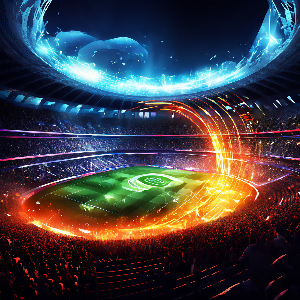 축구 더비 경기장에서 통계적 특이점이 빛나는 데이터 소용돌이로 분출하며, 추상적인 차트와 숫자들이 경기장을 가르는 모습을 시각화한 이미지입니다.