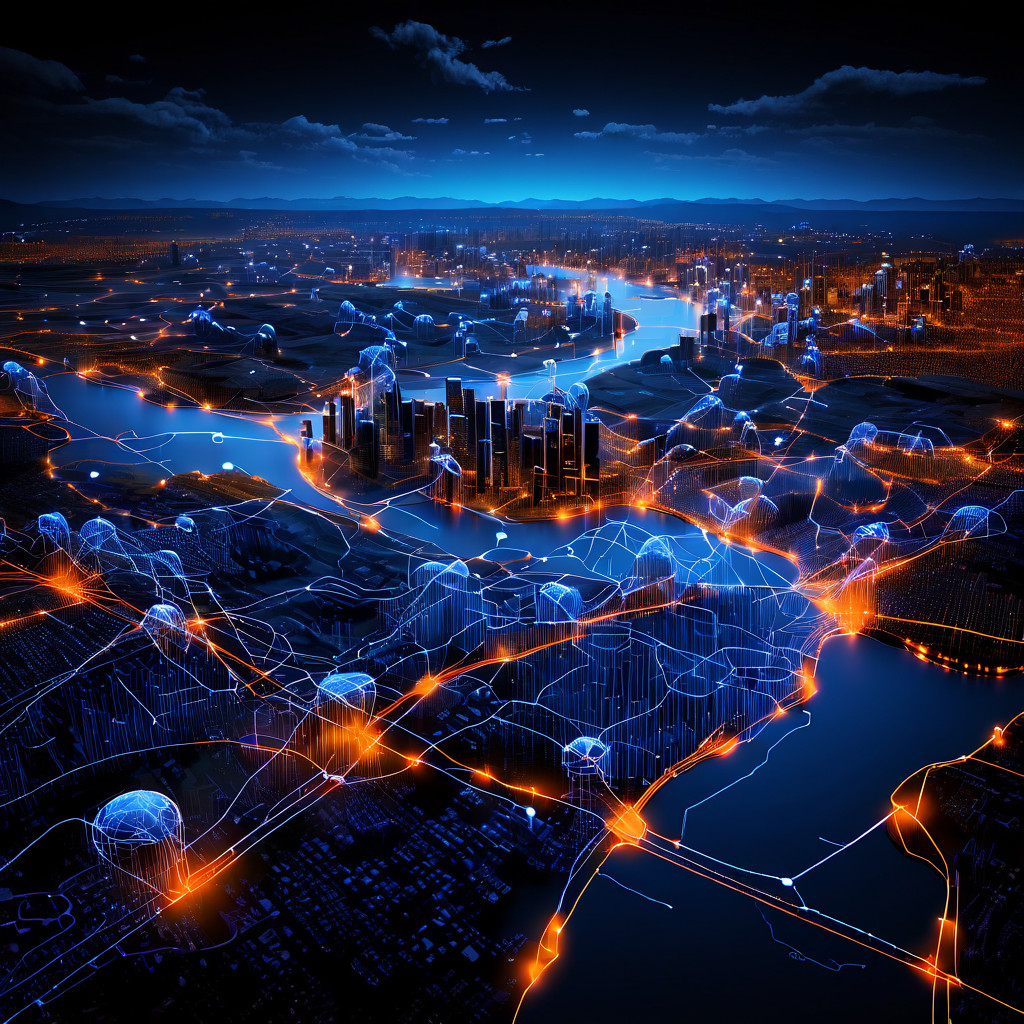 국제 금융 네트워크에서 결제 데이터가 실시간으로 원활하게 이동하는 복잡한 글로벌 디지털 거래 흐름을 시각화한 개념도입니다.