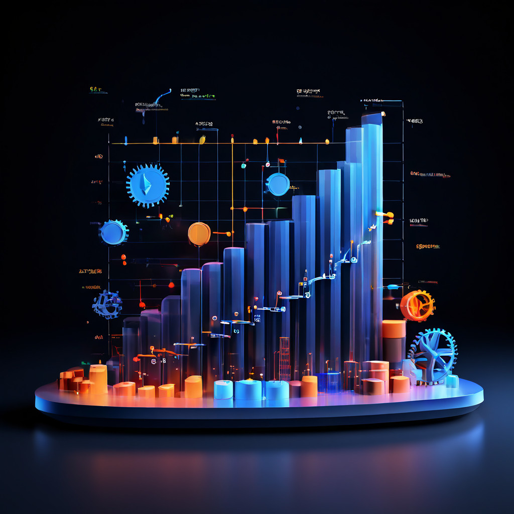 데이터 분석 대시보드에서 3D 막대 그래프가 물음표 모양을 이루고 있으며, 주변에는 기어와 자 아이콘과 같은 데이터 포인트들이 배치되어 있습니다.