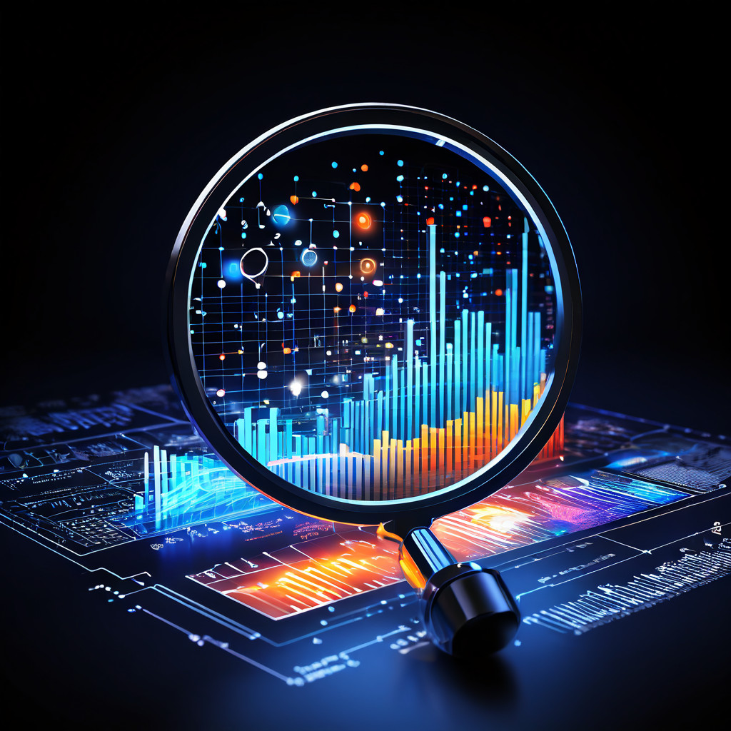 데이터 분석을 통해 통찰력을 얻고 혁신적인 아이디어를 도출하는 과정을 상징적으로 보여주는 이미지로, 확대경 아래 복잡한 데이터 차트에서 분석 다이어그램과 창의적인 아이디어가 빛나는 전구와 함께 나타나고 있습니다.