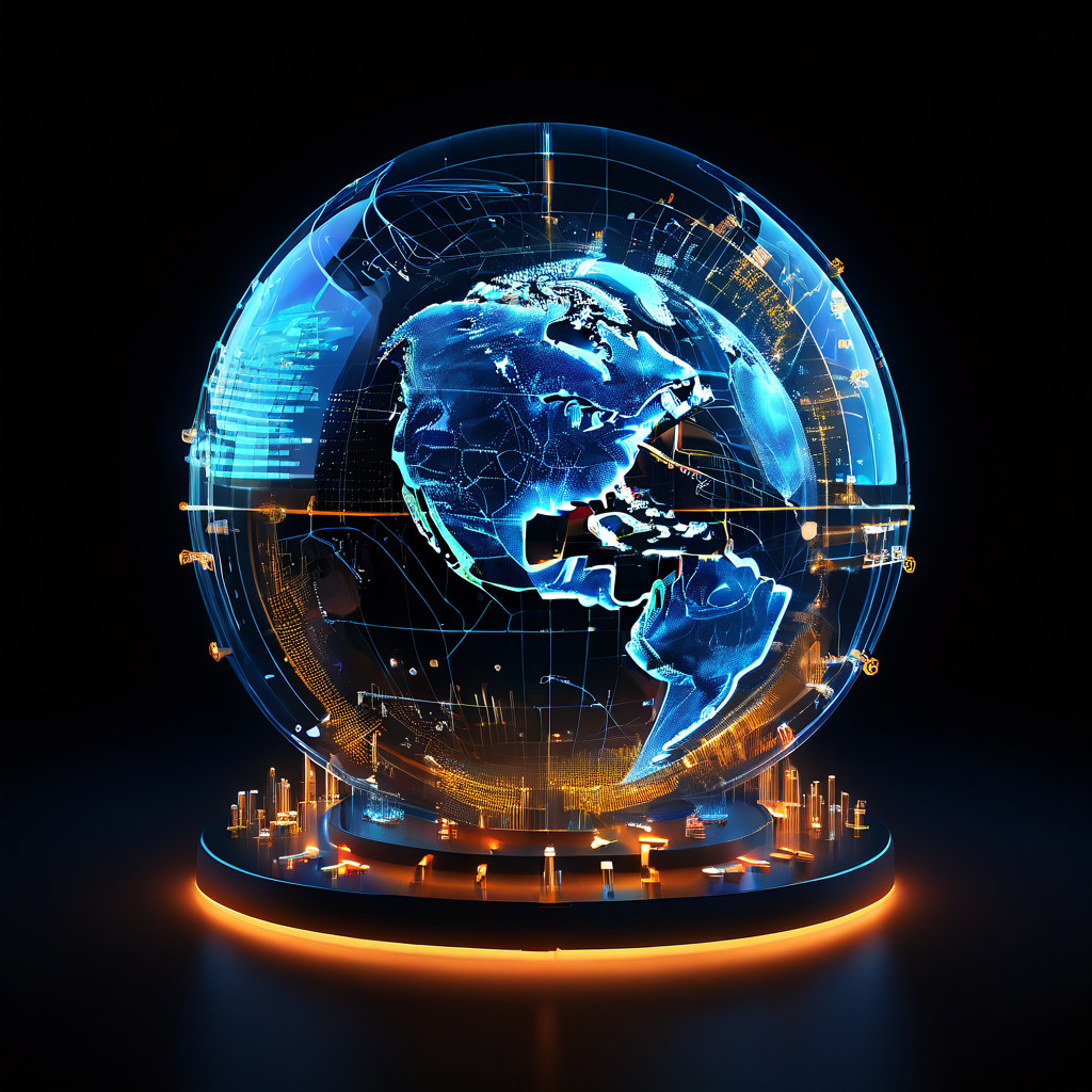 데이터 흐름이 전략적 청사진과 연결되어 톱니바퀴와 그래프 형태의 보호막으로 안전하게 수호되는 디지털 지구가 글로벌 사이버 보안 전략의 통합을 상징적으로 표현합니다.