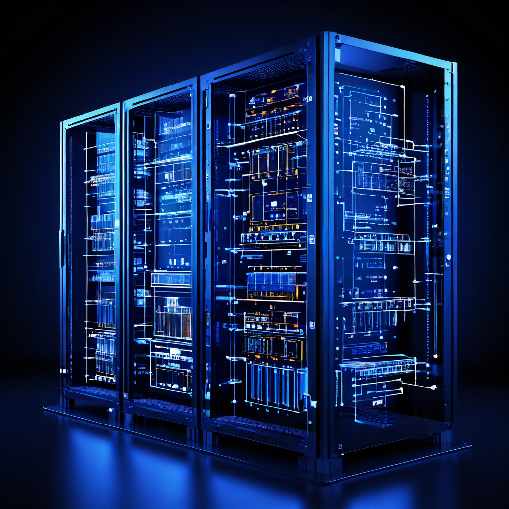 새로운 디지털 시스템 구축을 위한 전략적 계획 단계와 서버 랙에 오버레이된 아키텍처 블루프린트가 하드웨어 구성 요소 통합을 시각적으로 설명하는 이미지입니다.