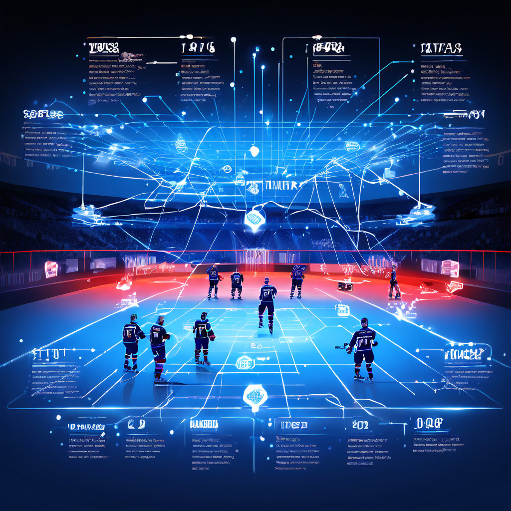 아이스하키 경기장을 배경으로 MTinet과 Under Over 로고를 빛나는 데이터 스트림으로 연결하며 선수 간 네트워크를 시각화한 다이내믹 인포그래픽입니다.