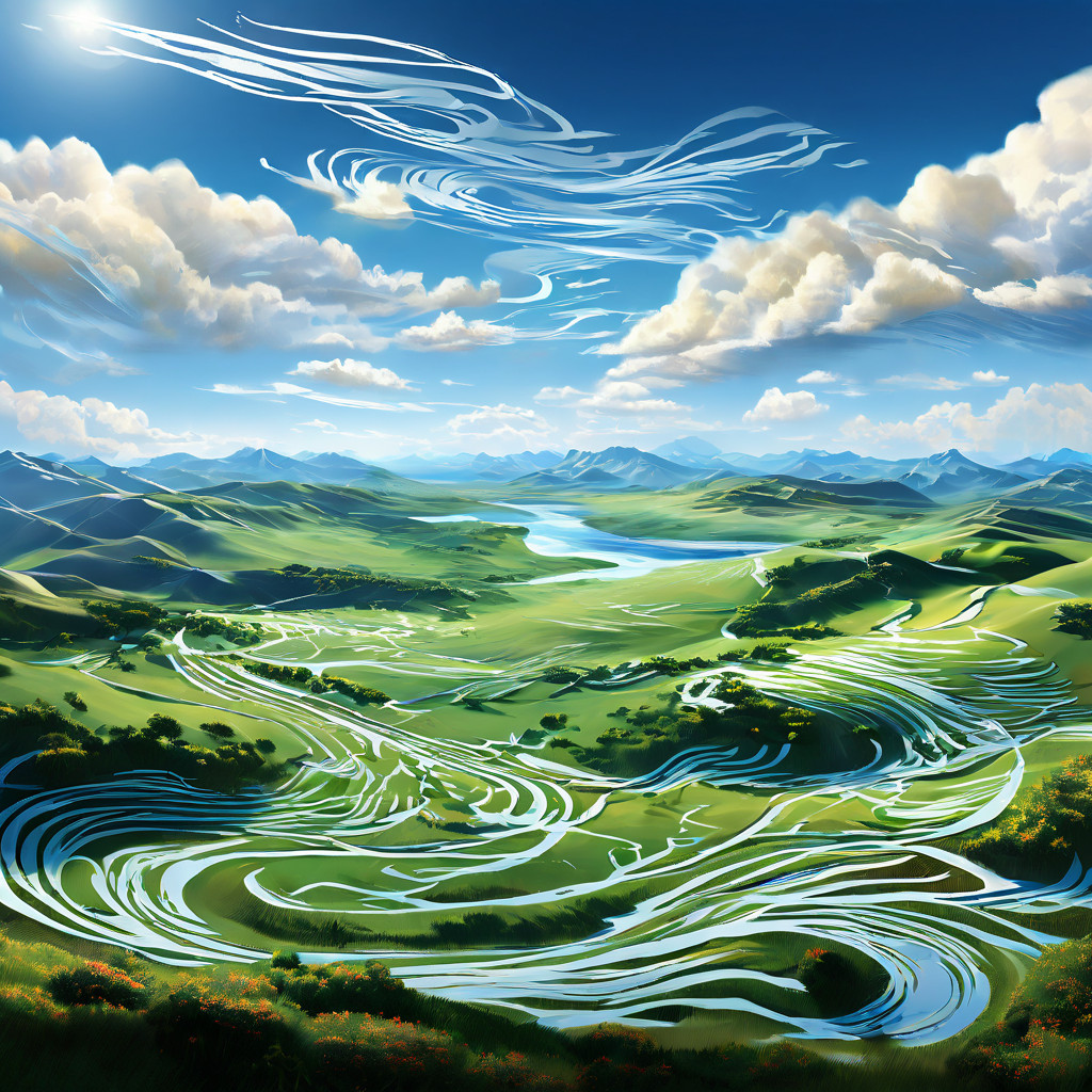 풍향과 기류의 흐름을 방향성 화살표로 시각화한 예술적 이미지로, 지형과 구름의 형성에 영향을 미치는 공기 순환 패턴을 명확하게 보여줍니다.