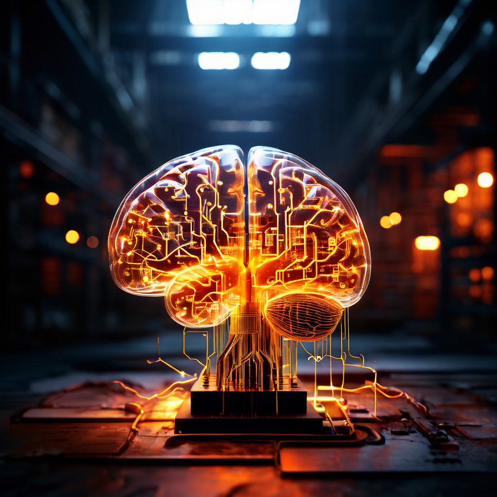 기술적 현실 속에서 강화된 인식을 상징하며, 번쩍이는 뇌 신경 회로가 흐릿하고 투박한 공장 바닥 위에 중첩되어 있는 모습을 묘사한 이미지입니다.