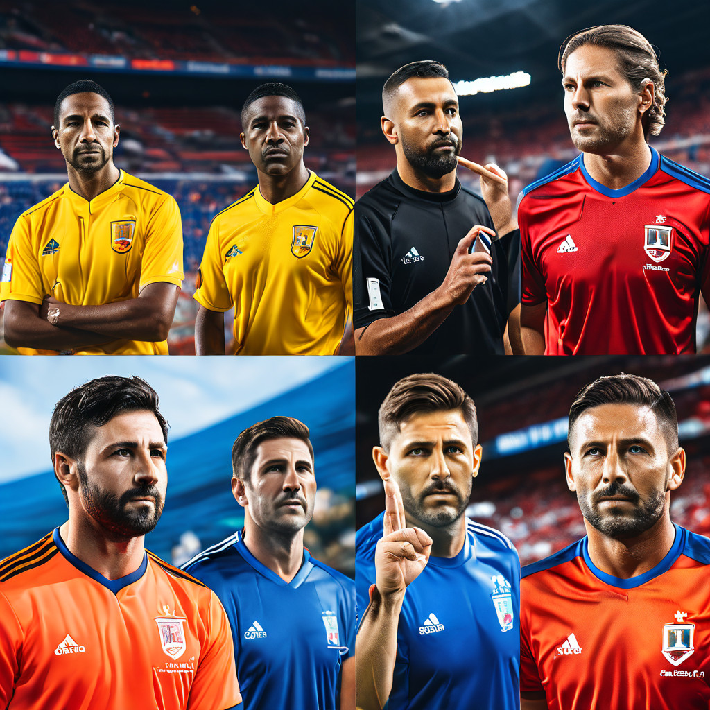 서로 다른 축구 리그의 심판들이 각기 독특한 시각적 아우라를 지니고 상반된 핸드 시그널을 보내며 그 영향이 경기장 전체로 파급되는 모습을 담은 콜라주 이미지입니다.