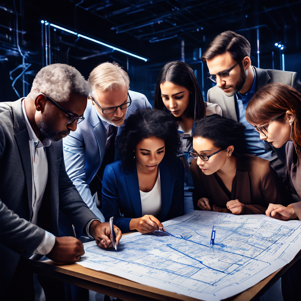 다양한 배경을 가진 전문가들이 복잡한 설계도 앞에서 열린 태도로 분석적 사고를 깊이 있게 나누며 협업하는 모습을 담은 이미지입니다.