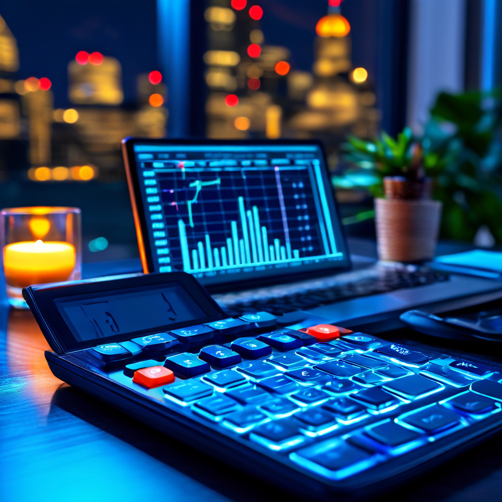 고급 투자 계획 수립 도구로서의 역할을 상징하는 정교한 계산기가 전략 차트와 재무 데이터에 둘러싸여 책상 위에서 빛나고 있는 모습을 담은 이미지입니다.
