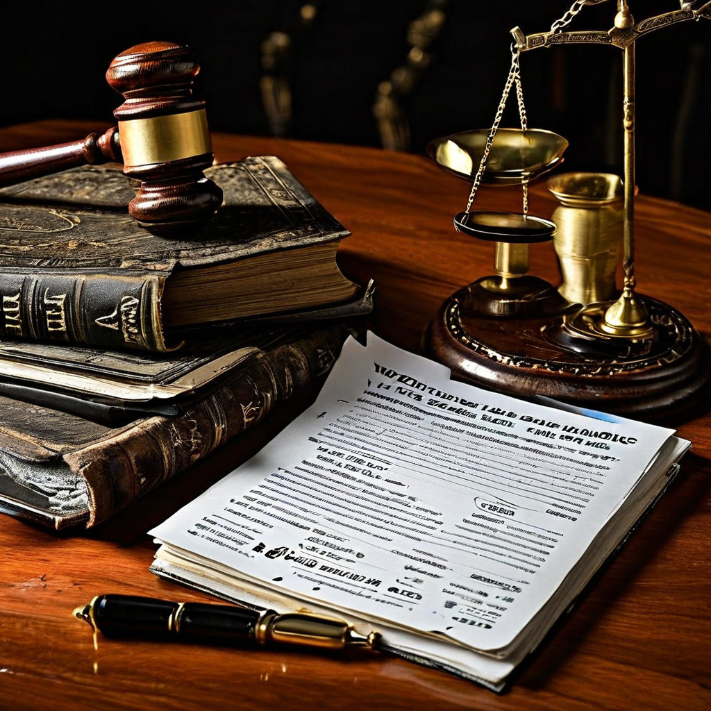 법정에 놓인 법률 문서 '무효 베팅 규정'이 다양한 스포츠 종목별 섹션으로 구성되어 있으며 문서 위에는 소지품과 배경의 정의의 천칭이 배치되어 있습니다.