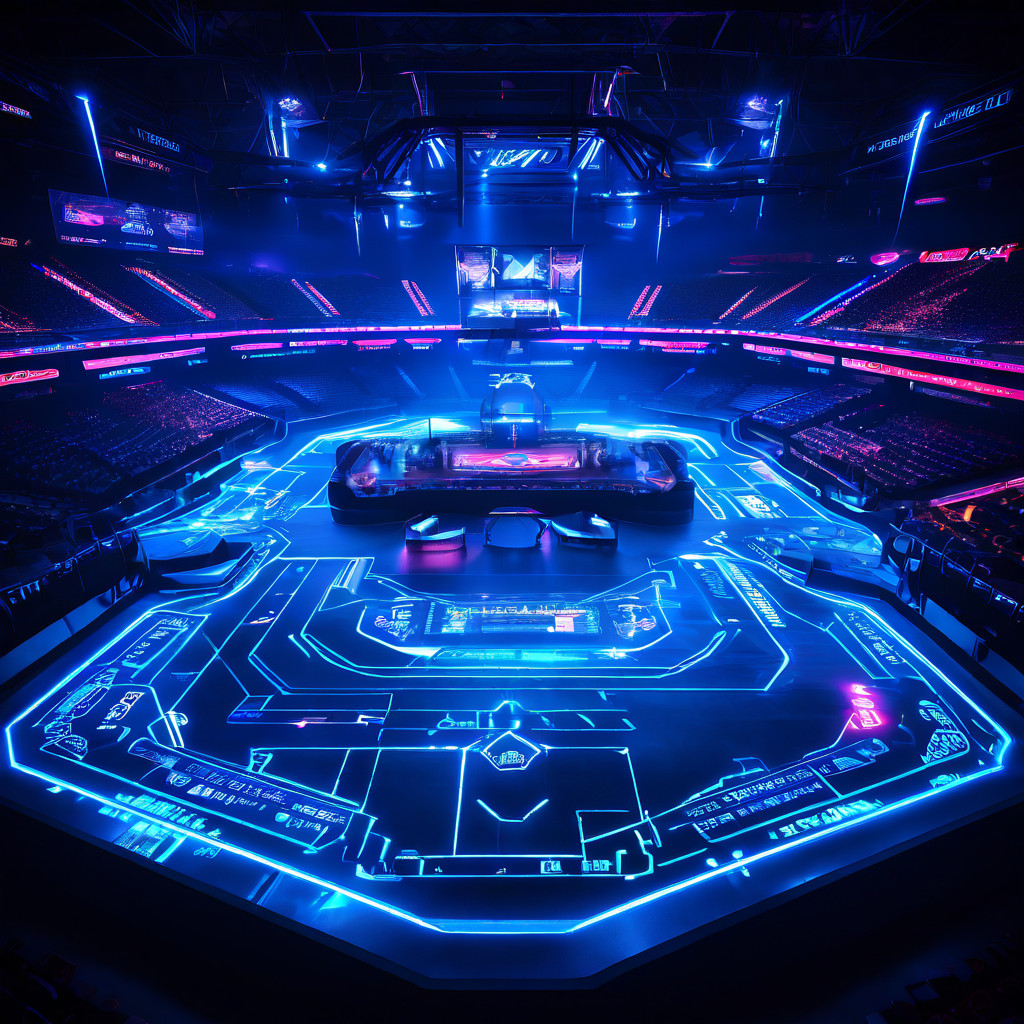 이미지 속 빛나는 e스포츠 경기장은 데이터 스트림으로 연결된 다양한 게임 맵 스케일과 조화를 이루며, 지형에 은밀하게 배치된 베팅 배율 정보가 전체적인 구도를 완성합니다.