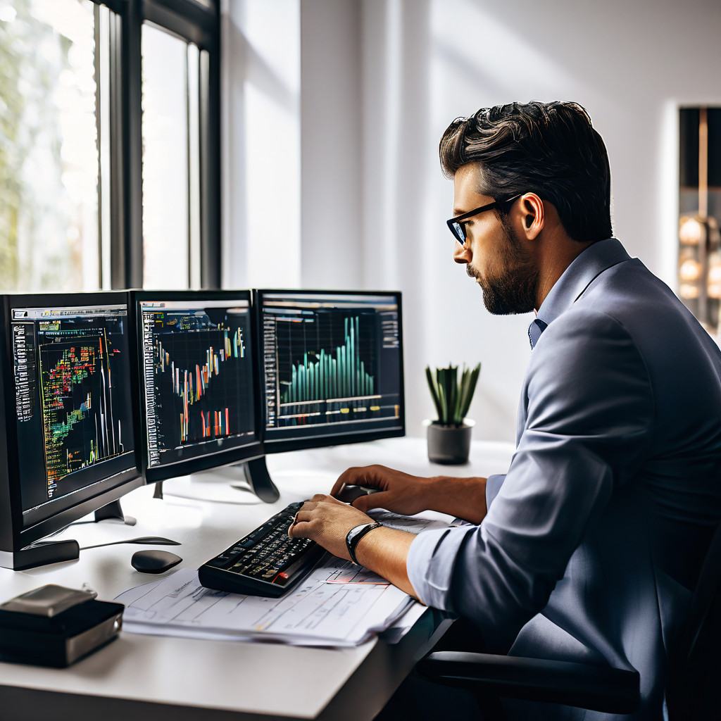 전문적인 금융 전략가가 여러 대의 화면에 표시된 실시간 시장 흐름 차트를 분석하며 금융 계산기를 능숙하게 조작하는 모습을 담은 이미지입니다.