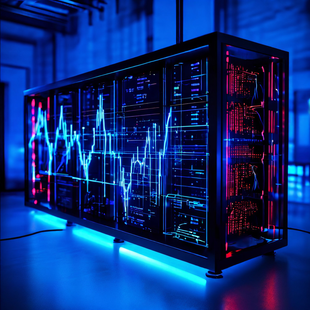 서버 성능 최적화 과정에서 Jitter(지터)가 안정적인 Target Response(목표 응답)로 변환되는 개념을 3D 서버 랙 위의 불규칙하게 맥박하는 그래프가 점차 원활한 리듬으로 안정화되는 모습으로 시각화한 이미지입니다.