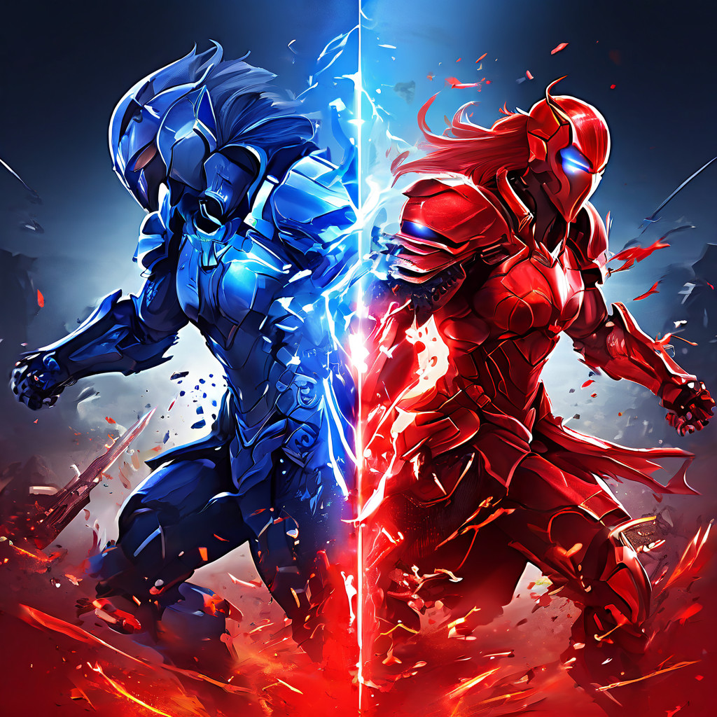 e스포츠 게임에서 공격팀의 강력한 붉은 에너지와 수비팀의 견고한 푸른 방어막이 충돌하며 경기의 균형을 바꾸는 결정적인 순간을 포착한 이미지입니다.