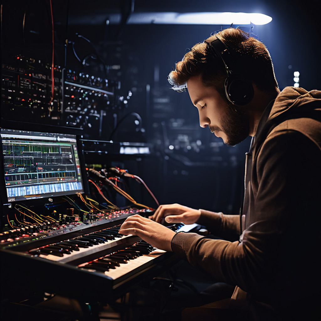 음악 프로듀서가 신디사이저 키보드의 디지털 지연 신호를 믹싱 콘솔의 노브 조정으로 정확히 싱크하는 음향 엔지니어링 작업 과정을 보여주는 스플릿 스크린 이미지입니다.