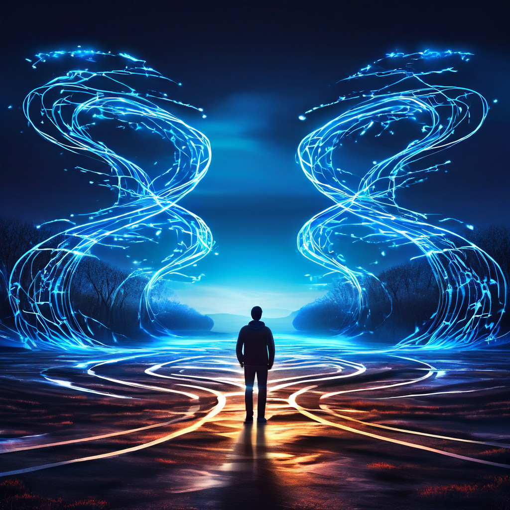 사용자가 다가오는 거대한 '늦은 움직임'의 파도 앞에서 갈림길에 서 있으며, 체계적인 프레임워크 안에서 앞으로 뻗어 나가는 세 개의 선명하고 빛나는 결정의 길을 바라보고 있는 모습을 담은 이미지입니다.