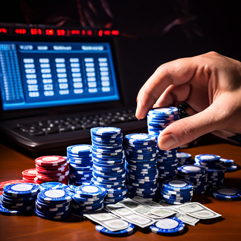 스포츠토토 예산 관리를 위해 배팅 칩을 종목별로 나누어 정리하는 손과 함께 계산기와 예산표가 놓여 있는 모습을 보여주는 이미지입니다.