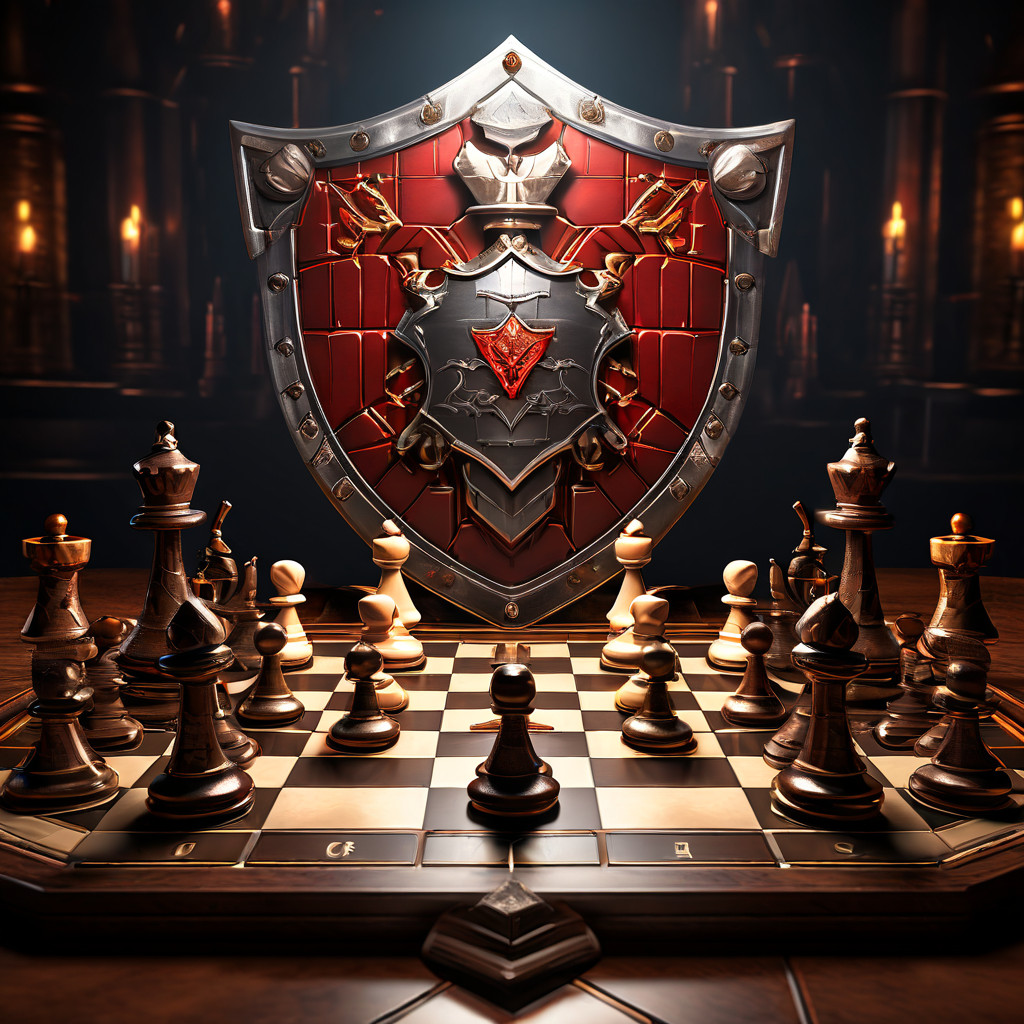 전략적 보드게임에서 고가치 체스 말들이 신중하게 분산 배치되고 방패 아이콘으로 왕이 보호받는 모습을 배경의 차트와 주사위가 게임의 확률과 전략 분석을 상징하며 표현한 이미지입니다.