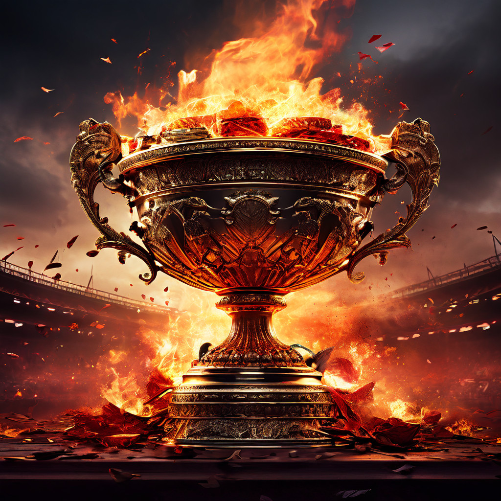 거대하고 화려한 저울이 한쪽 접시에는 불꽃 튀는 지역 라이벌전을, 다른 쪽 접시에는 빛나는 세계 챔피언십 트로피를 올려 균형을 이루며 지역 정체성과 세계적 명성의 대비를 상징적으로 표현한 이미지입니다.