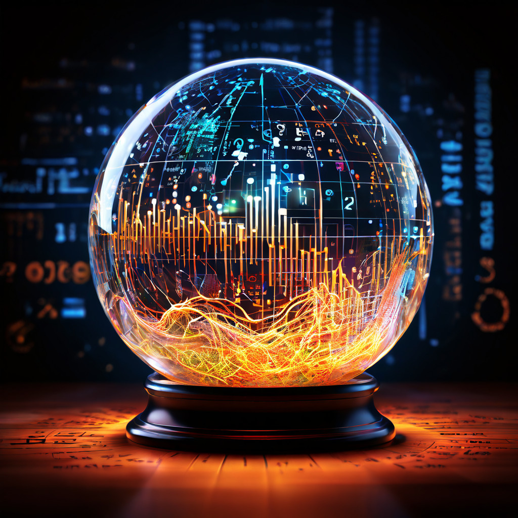 수정구슬 속에서 소용돌이치는 데이터와 수학 공식이 금융 시장의 혼란스러운 파동 그래프를 예측하는 미래 예측 및 금융 분석의 개념을 시각화한 이미지입니다.