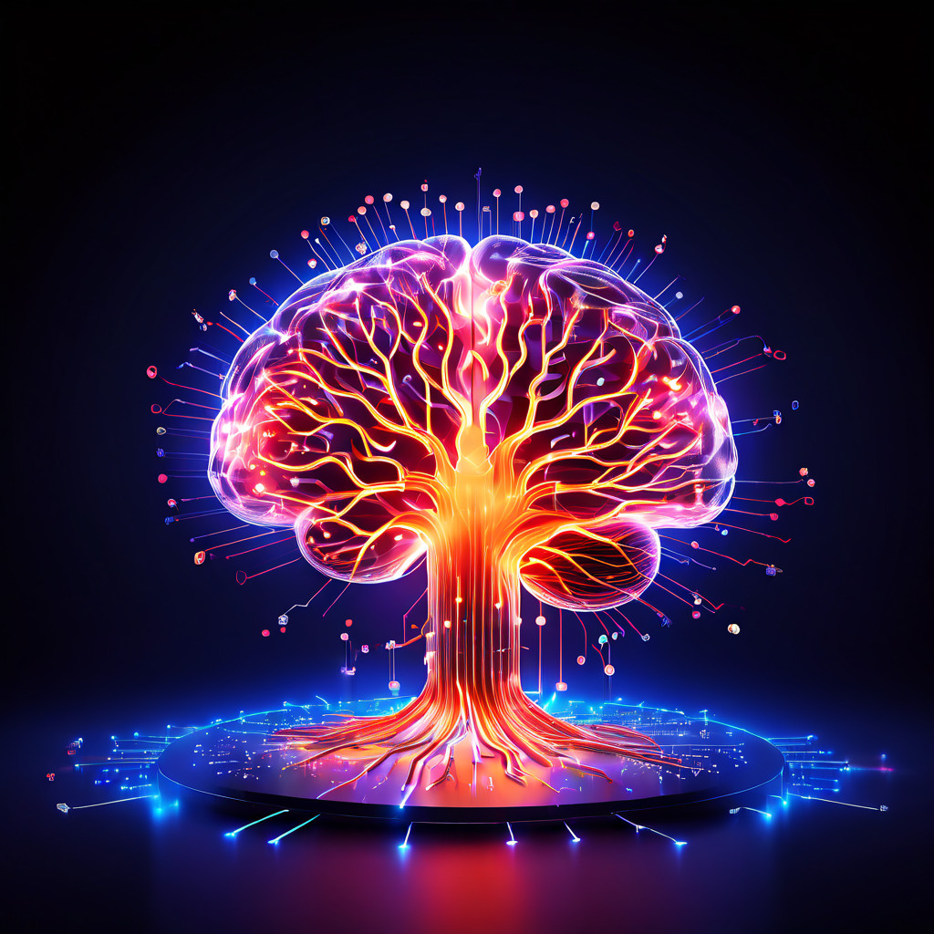 빛나는 디지털 뇌와 연결된 신경망이 다양한 차트 및 그래프와 결합되어 미래 트렌드 분석과 데이터 기반 의사결정 과정을 시각적으로 표현한 개념 이미지입니다.