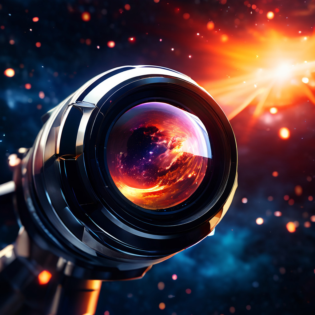 미래형 망원경 렌즈를 통해 별이 총총한 우주 배경에서 새롭게 발견된 생동감 넘치는 외계행성이 선명하게 포착되는 순간을 보여주는 이미지입니다.