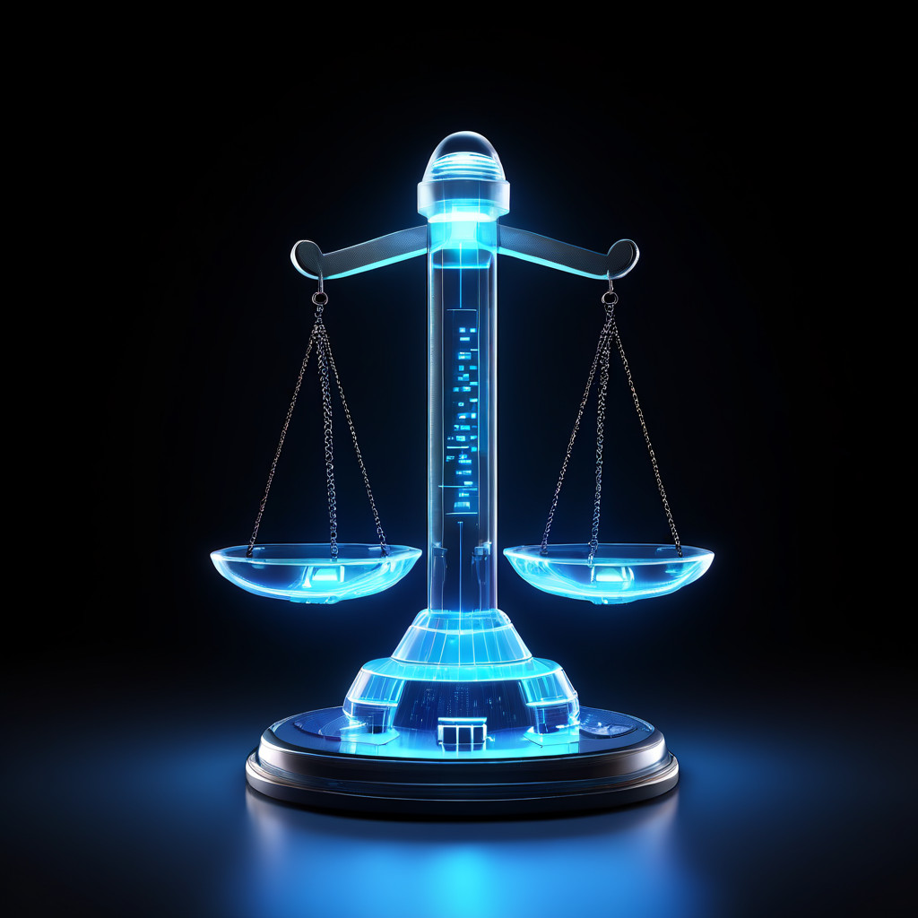 어두운 배경 속에서 투명한 유리 질감과 푸른색 네온 빛으로 형상화된 '정의의 저울'이 디지털 데이터의 공정성과 기술적 균형을 상징적으로 보여주는 이미지입니다.