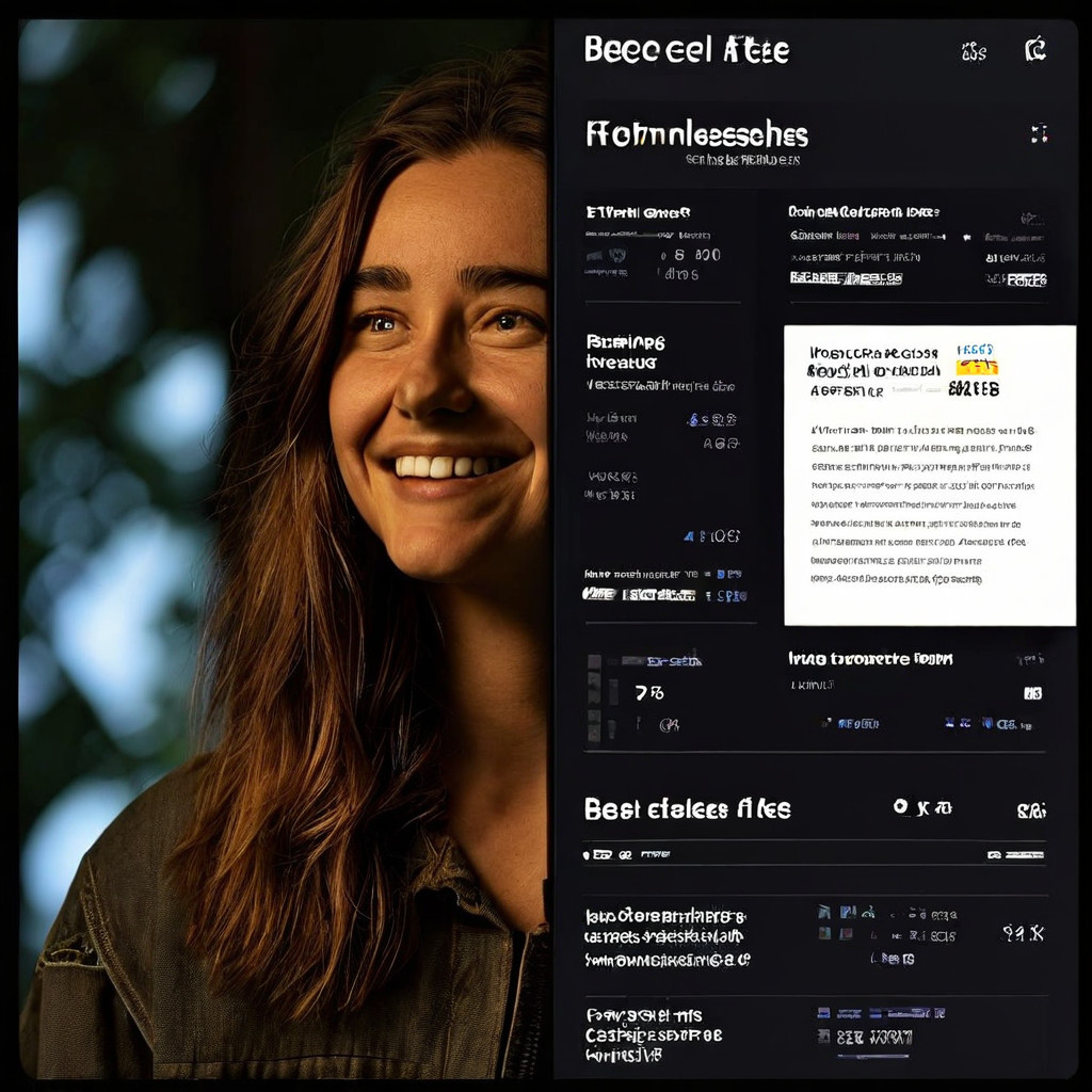 환하게 웃고 있는 여성의 포트레이트와 그녀의 활동 지표 및 프로필 정보가 담긴 대시보드 UI가 결합된 사용자 맞춤형 인터페이스 디자인입니다.
