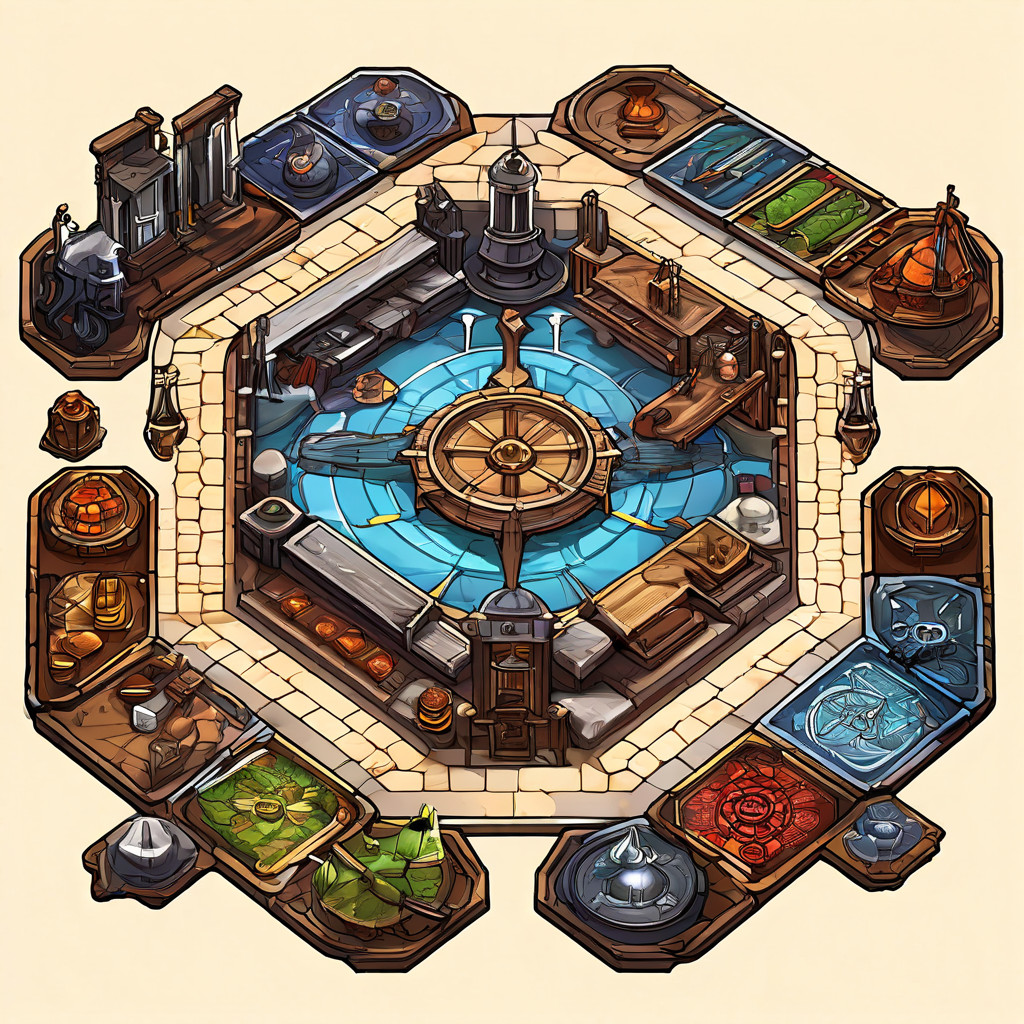 보드게임, 카드게임, 롤플레잉게임(RPG) 등 다양한 테이블탑 게임 유형별로 전용 공간과 수납 기능이 설계된 맞춤형 게임 테이블 디자인의 상세한 일러스트레이션입니다.